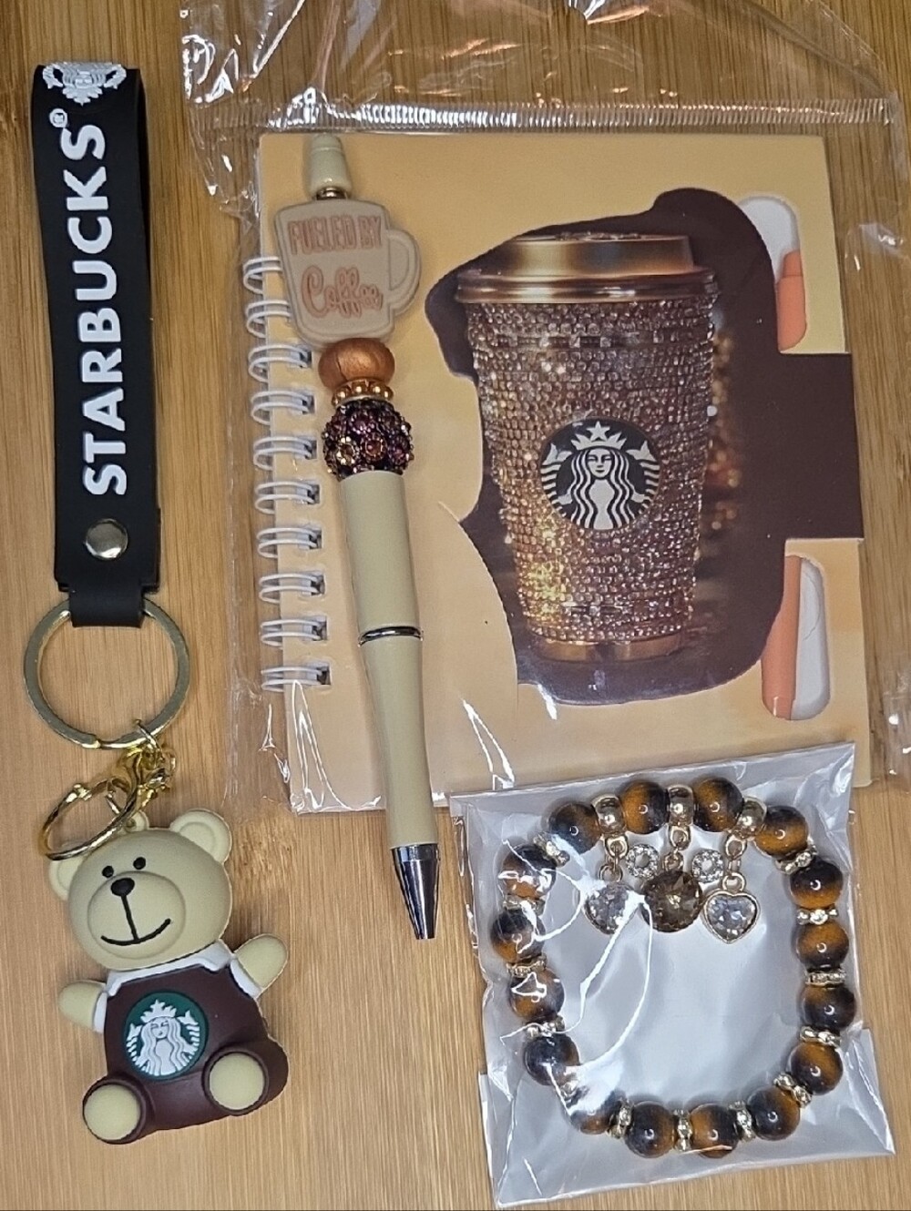 Starbucks Themed Gift Set With Bear Keychain, Pen, Bracelet and Notebook
